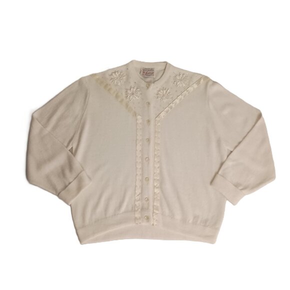 Ste Laurent Vintage White Embellished Crop 3/4 Sleeve Cardigan Sweater Women’s - Picture 6 of 16